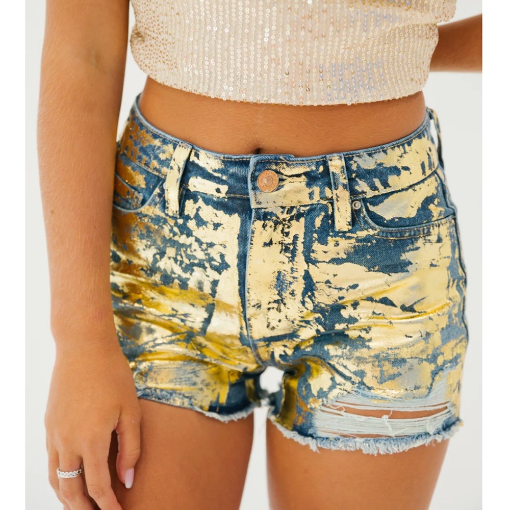 Unique high quality denim shorts lightly distressed & accented with gold paint